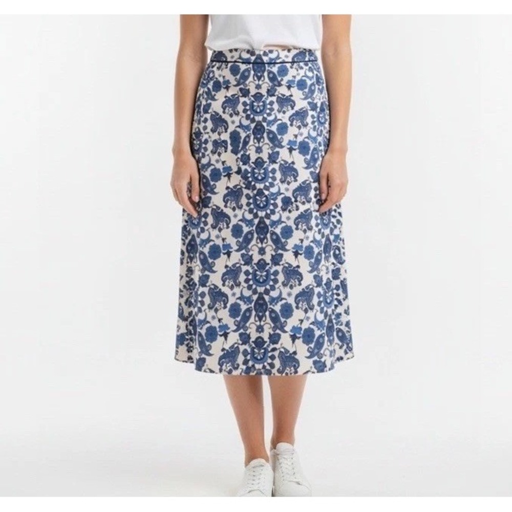Ted Baker London Madisyn Midi Pencil Skirt Sz 0 US 2 Blue White Paisley Preppy